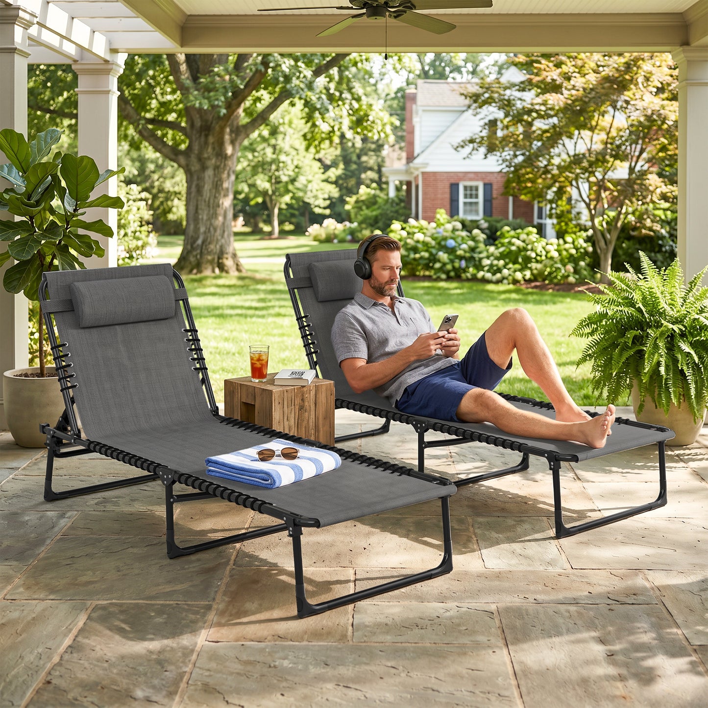 Set of Two Folding Sun Loungers, with Four-Position Backs