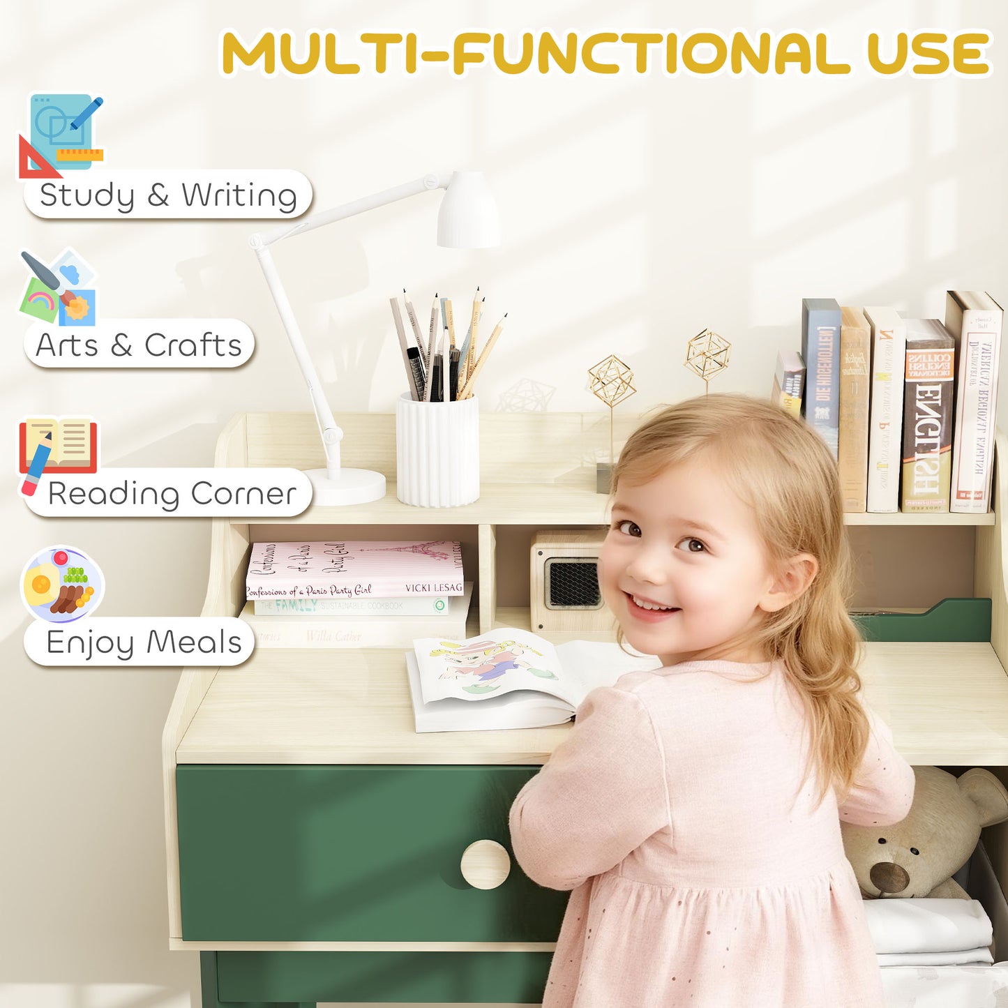 Kids Desk and Chair Set with Storage Shelves and Drawer