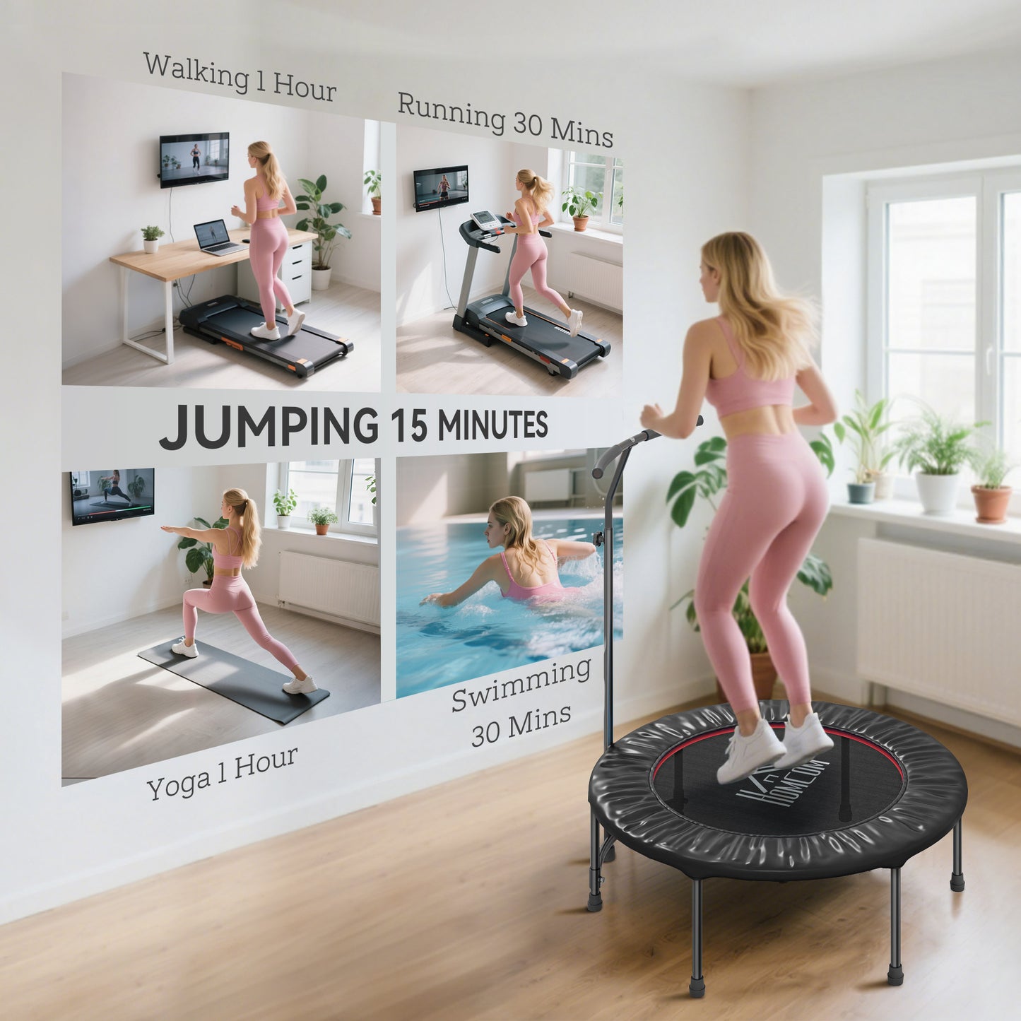 40" Fitness Trampoline with Adjustable Handle, Rebounder Trampoline