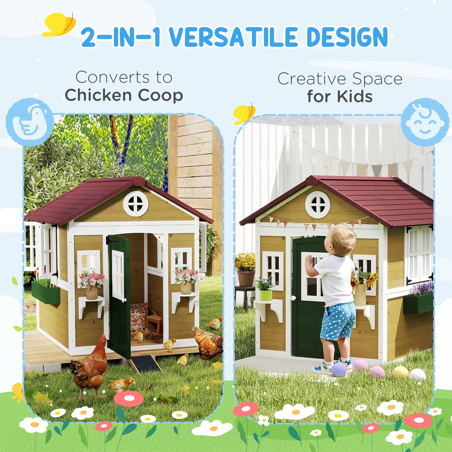 Wooden Playhouse with Doors, Windows, Plant Pots, Boxes, for 3-8 Years