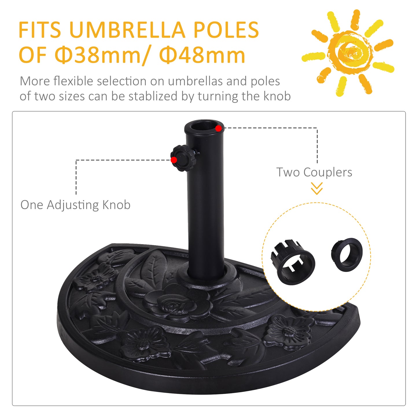 9kg Resin Parasol Base, Half Round Umbrella Stand with Floral Design