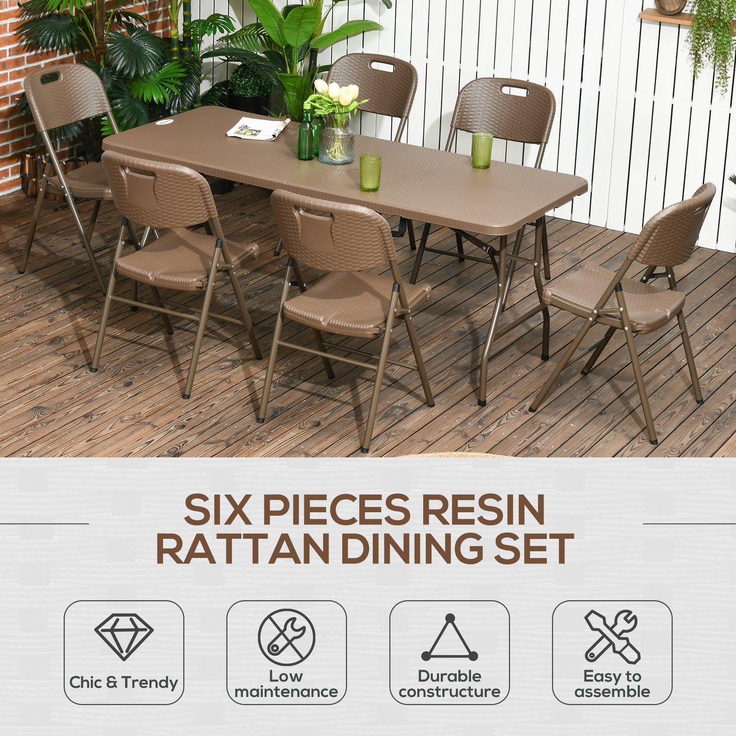 6 Seater Garden Dining Set, Rattan-Style HDPE Garden Furniture Set