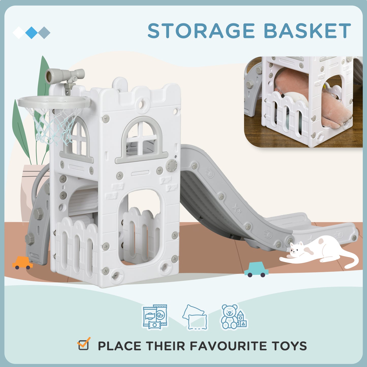 5 in 1 Toddler Slide with Basketball Hoop, Climber, Telescope