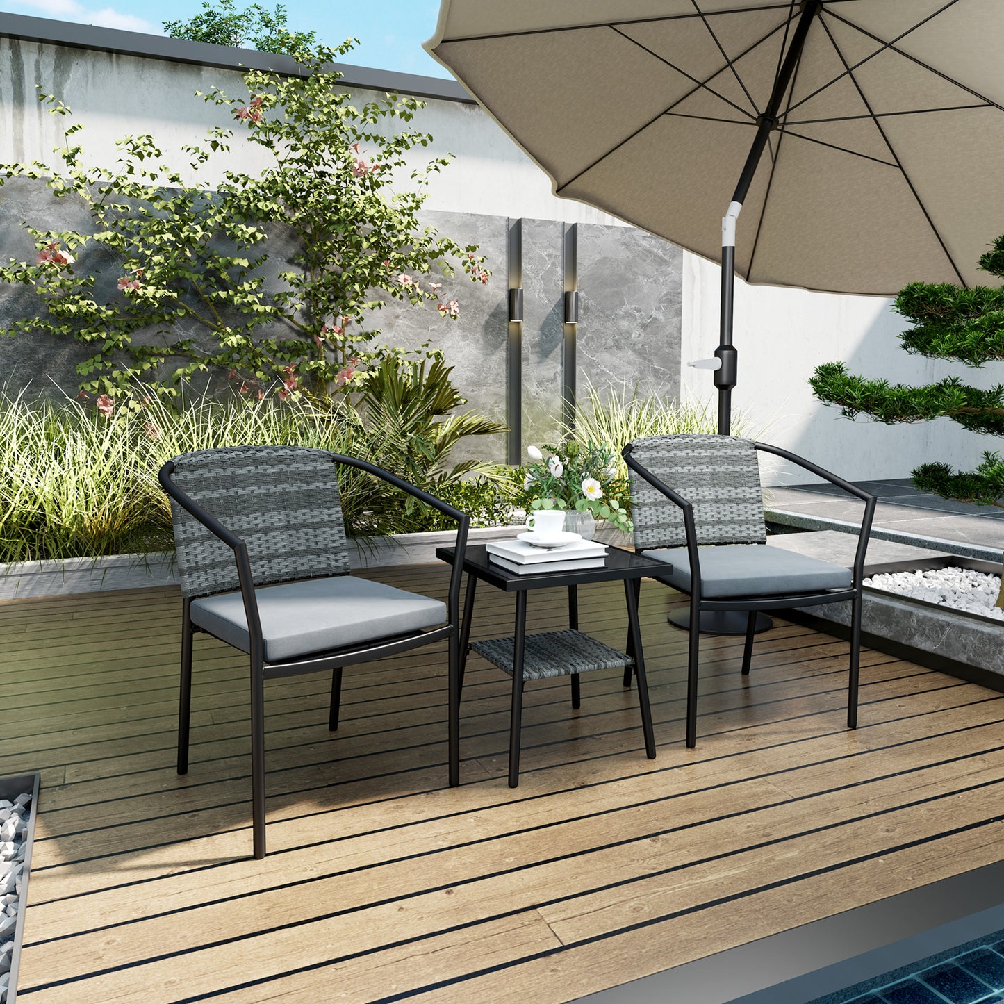 3 Pieces Rattan Bistro Set with Cushions