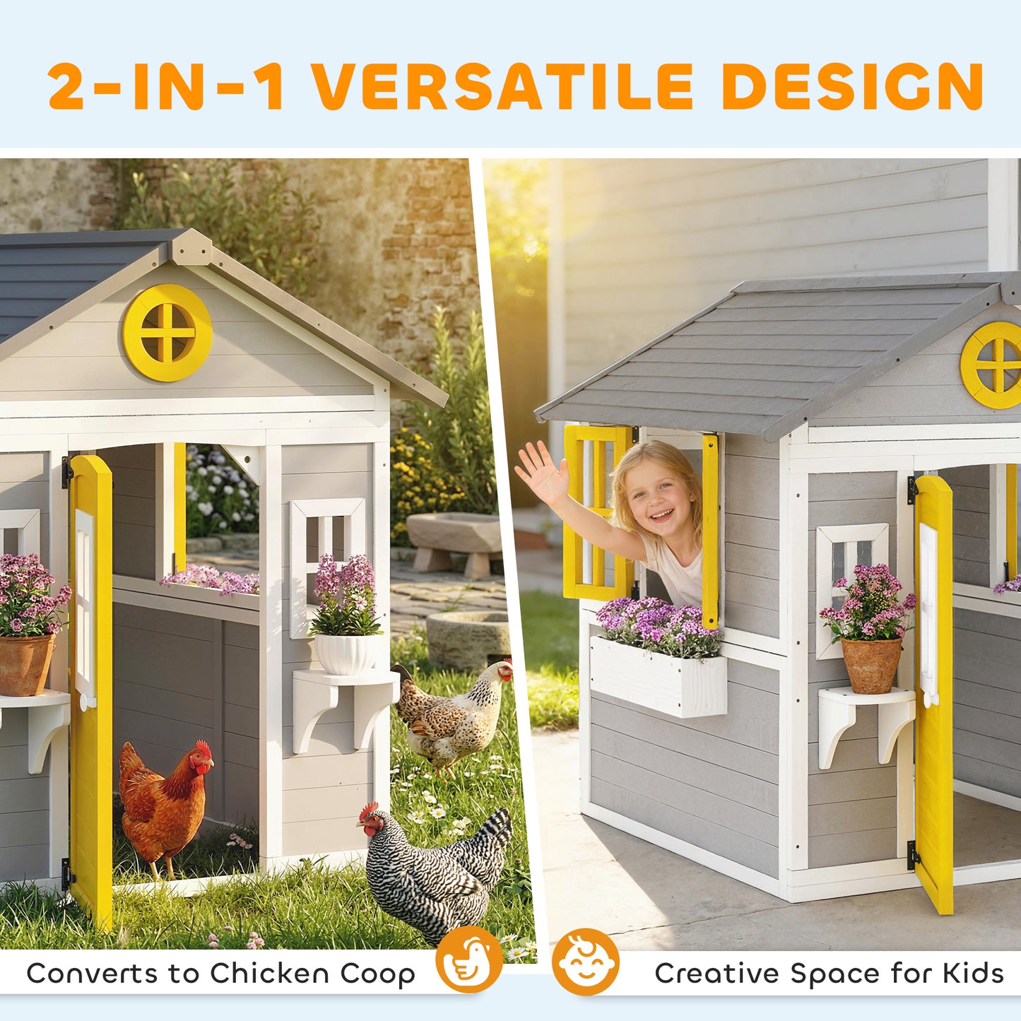 Wooden Playhouse with Doors, Windows, Plant Pots, Boxes, for 3-8 Years