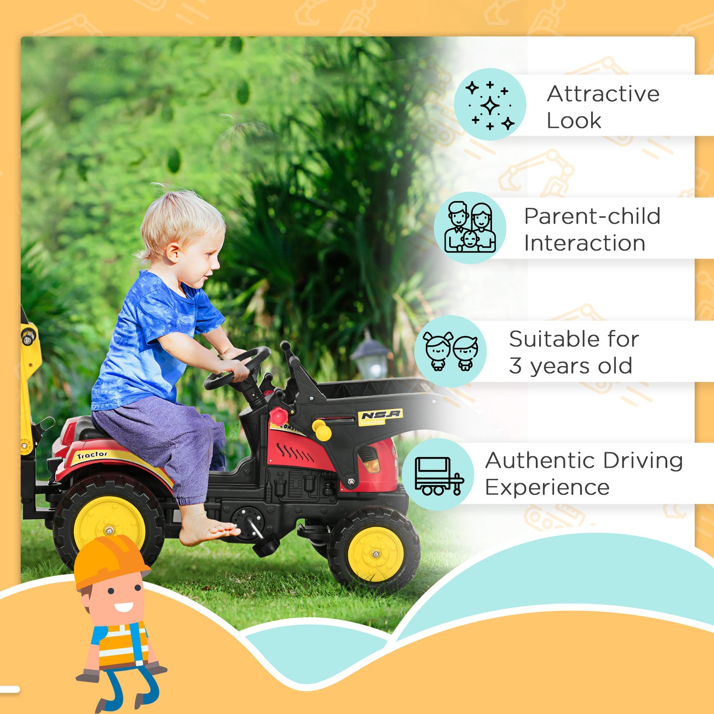Ride On Tractor for Kids, 3 in 1 Ride On Excavator Toy Car