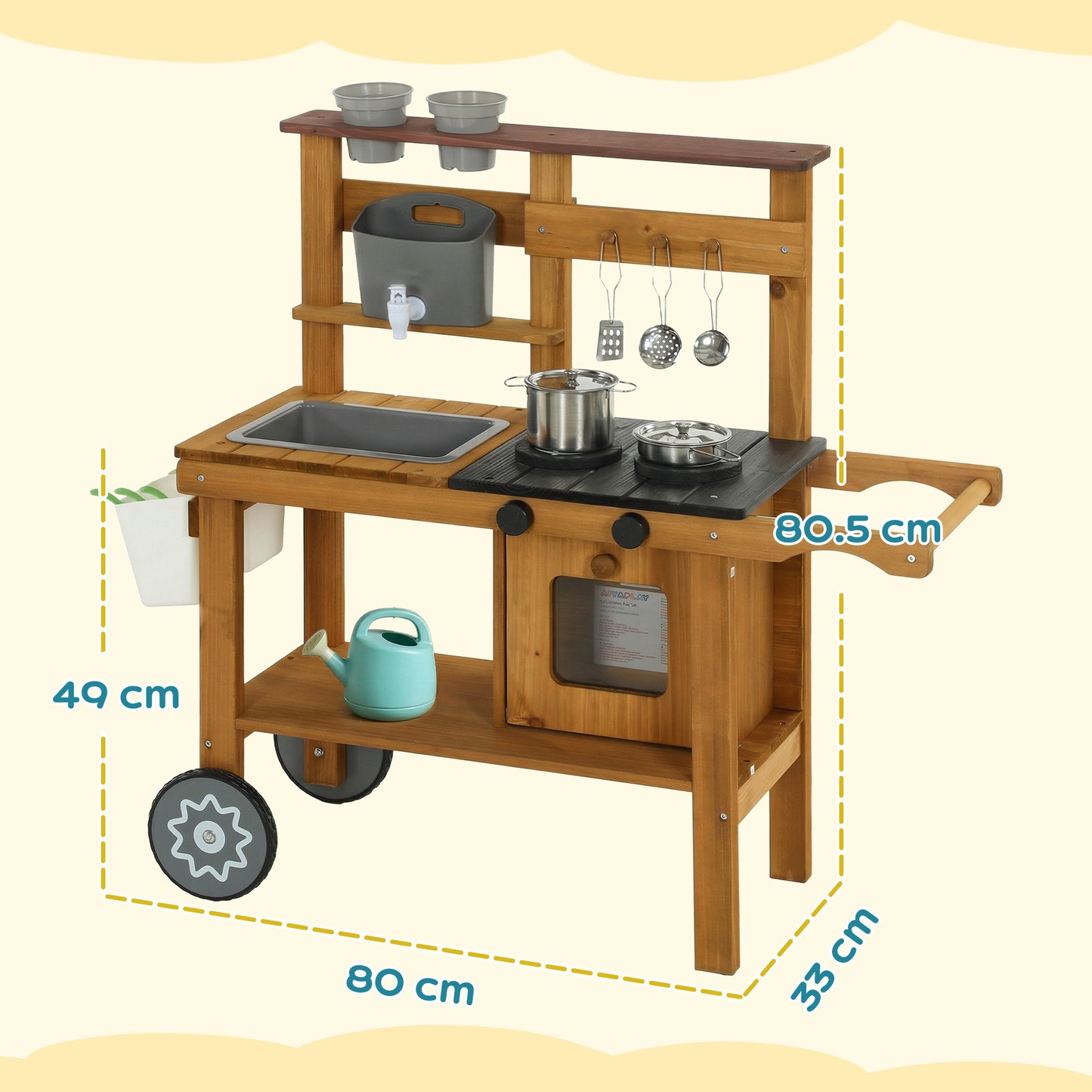 Wooden Mud Kitchen with Wheels, Stove, Faucet, Flower Pots