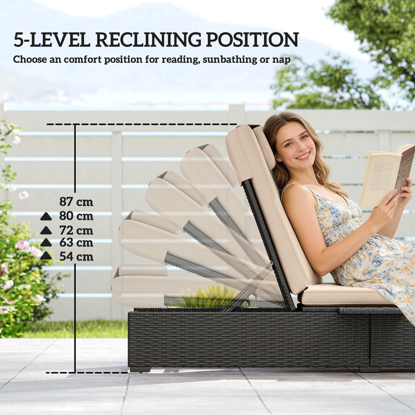 Rattan Sun Lounger with 5-Level Reclining Back Side Tray and Cushion