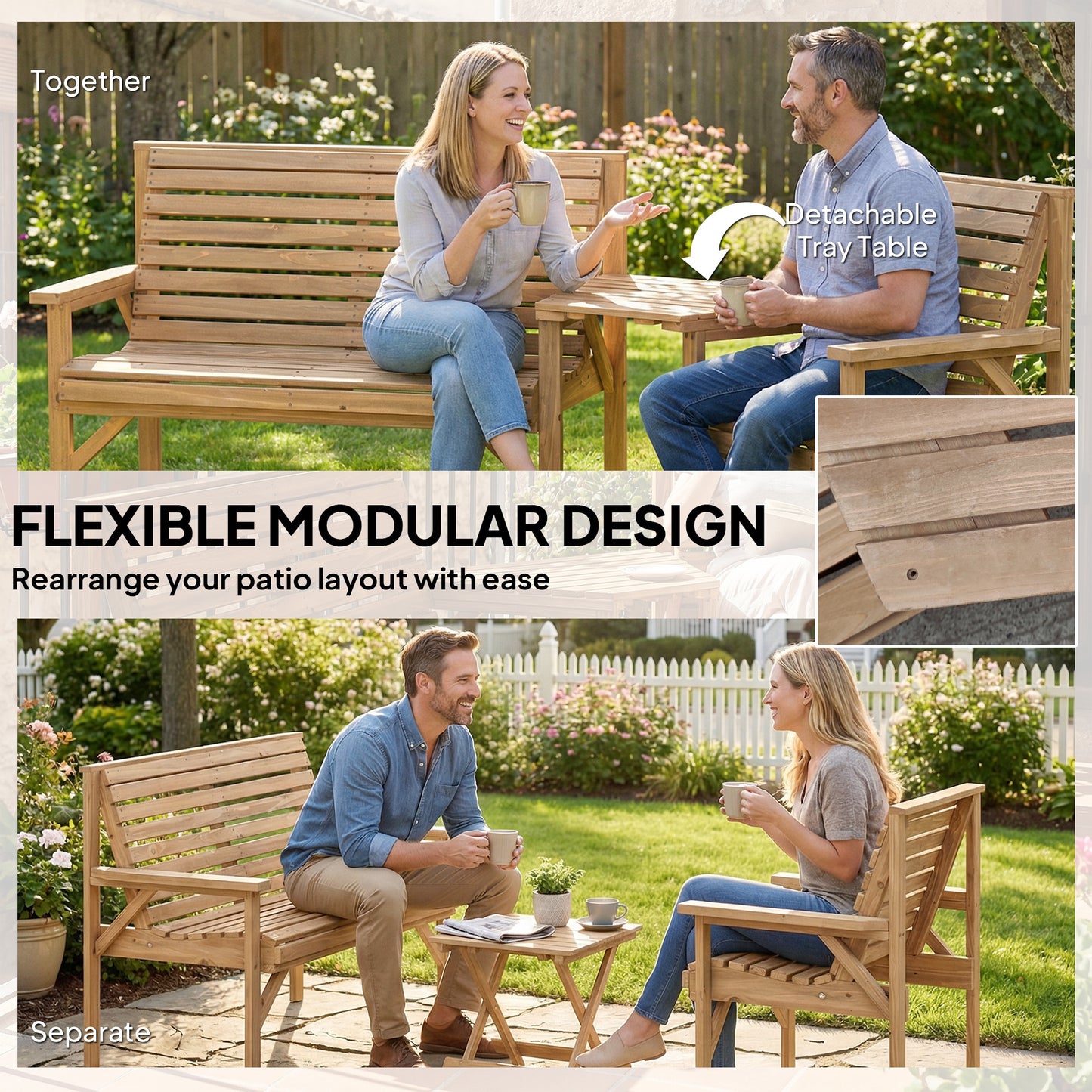 Wooden Garden Furniture Set , 1 Chair, 1 Bench and Detachable Table