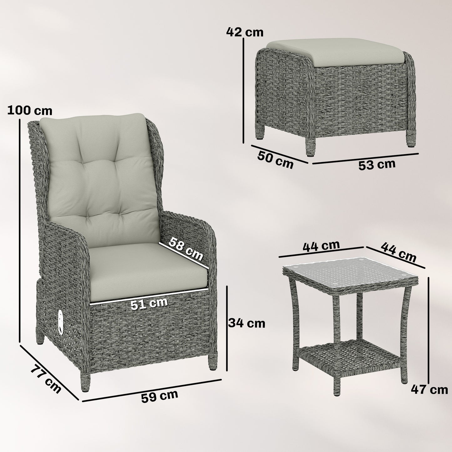 Rattan Reclining Garden Chair Set of 2 with Footstool and Cushion