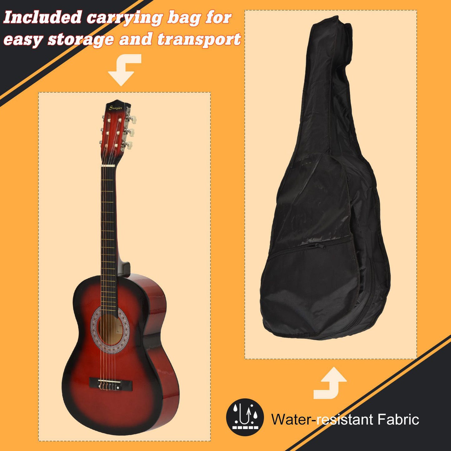 36" 3/4 Beginner Acoustic Guitar Set, with Protective Case