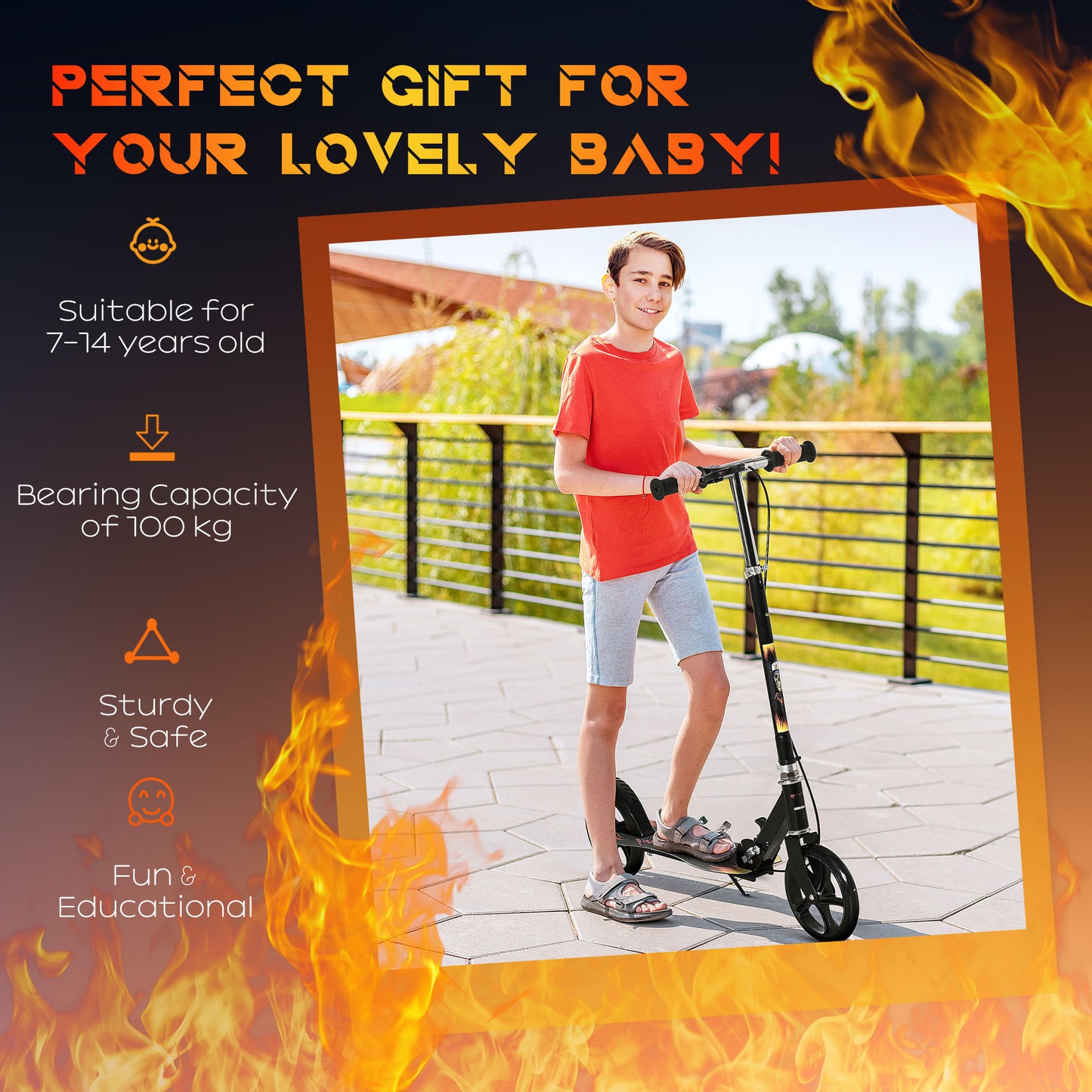 Kids Foldable Kick Scooter w/ Adjustable Height, Break, Big Wheels