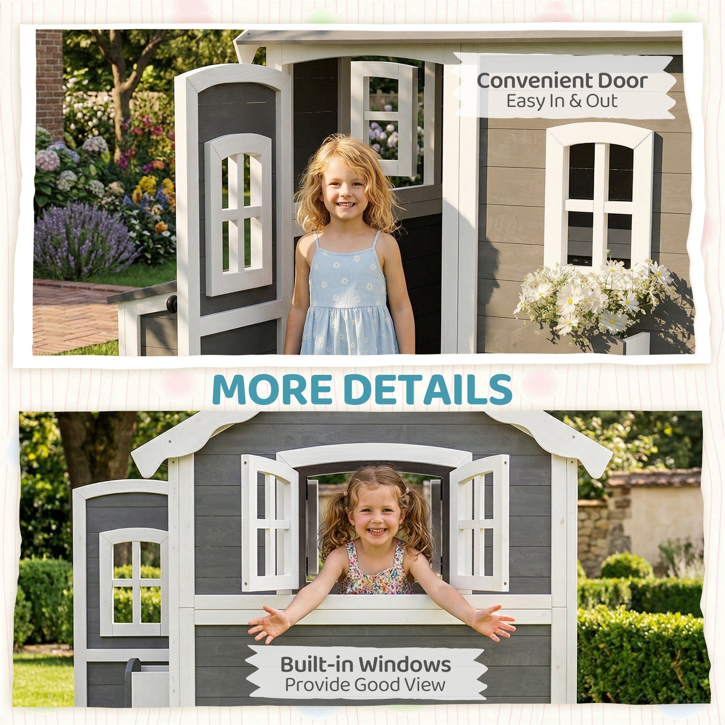 Wooden Playhouse for Kids with Doors, Windows, Plant Box, Floors