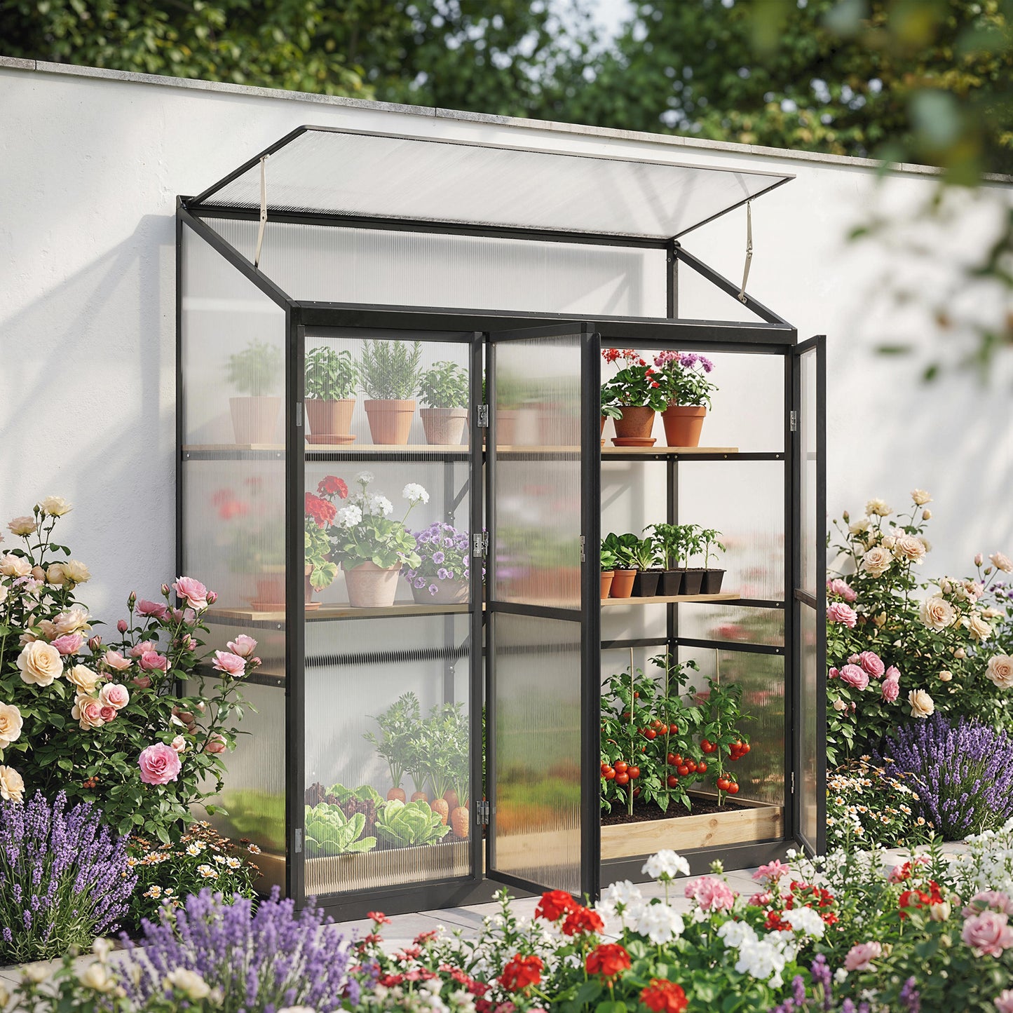 Polycarbonate Greenhouse with 3 Hinged Doors, Top Vent