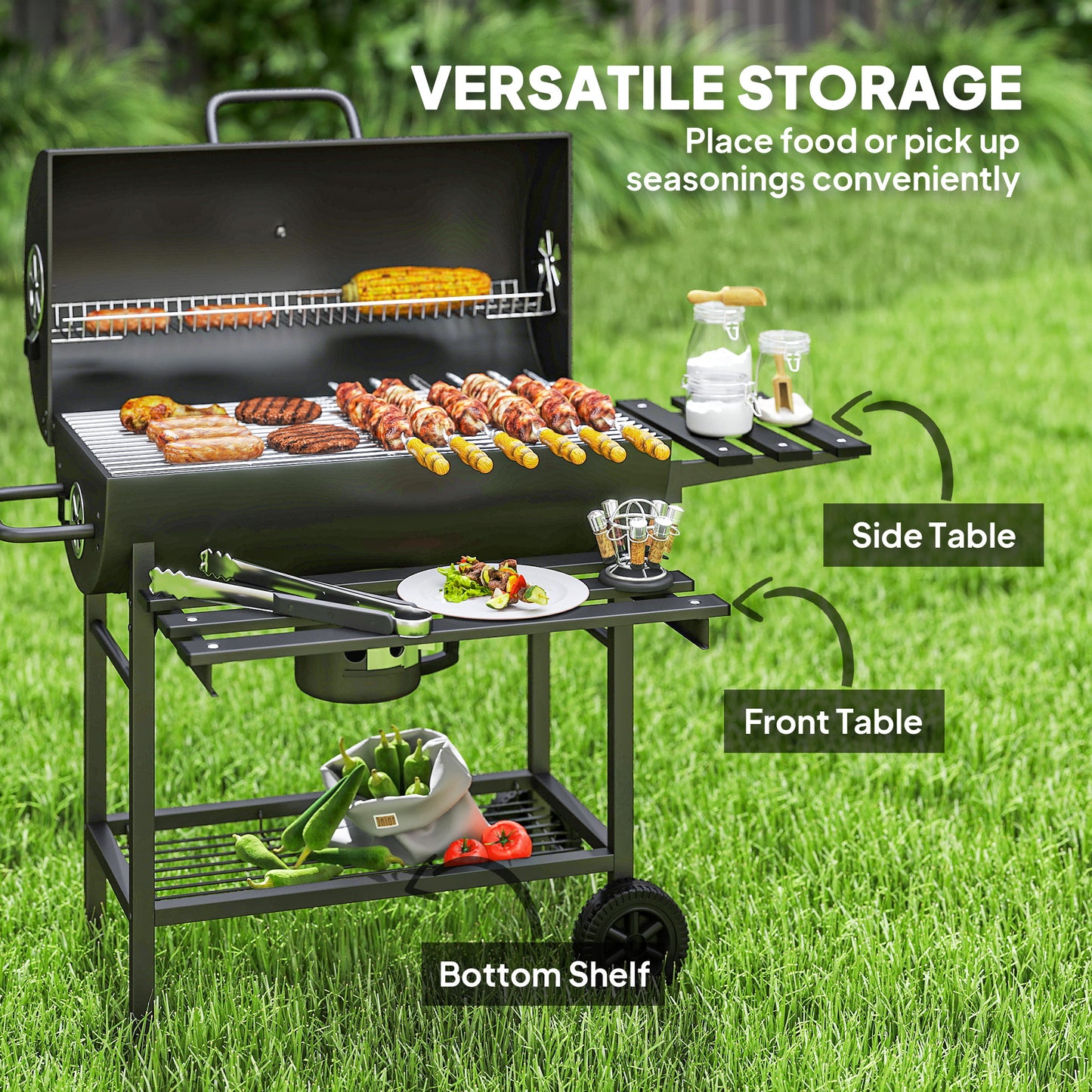 Charcoal BBQ Grill with Foldable Front Side Shelf