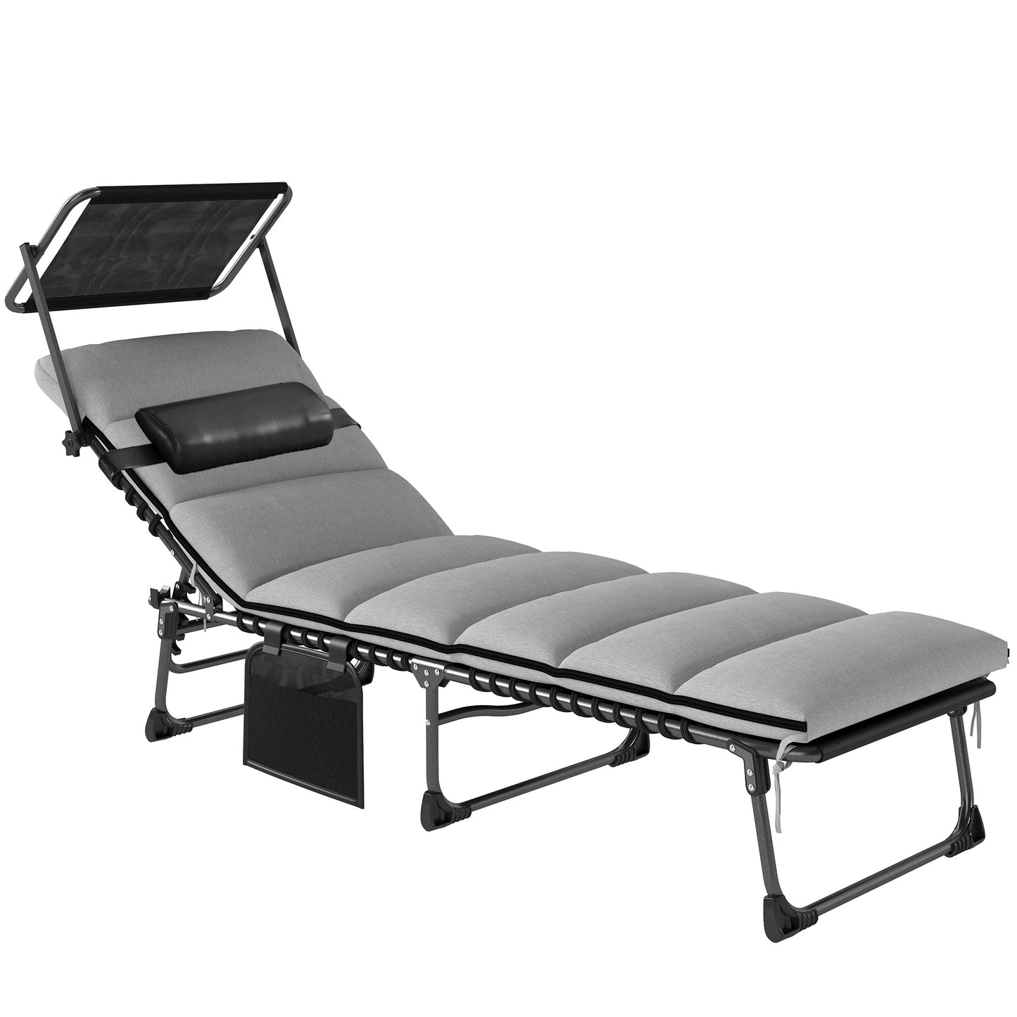 Folding Sun Lounger with Canopy, Reclining Sunbed with Cushion