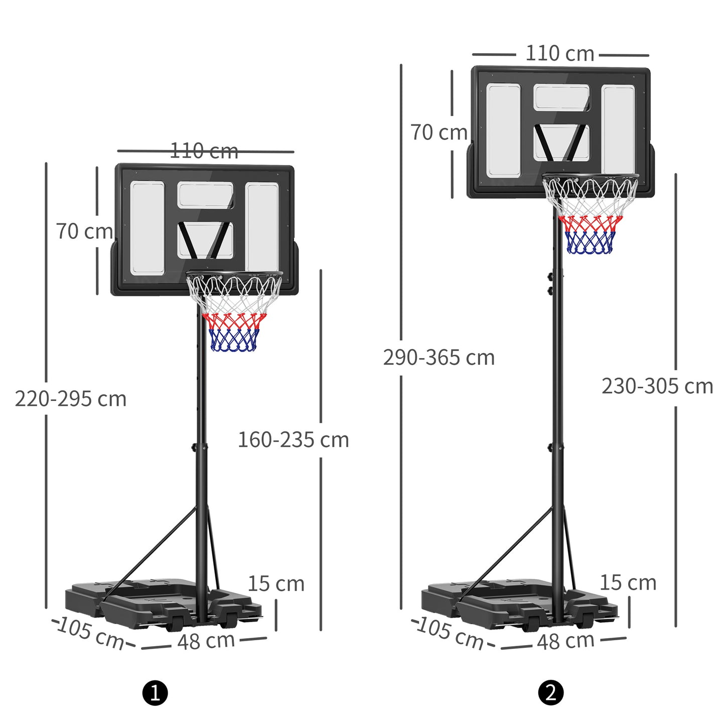 2.3-3.05m Basketball Hoop and Stand, with Weighted Base, Wheels