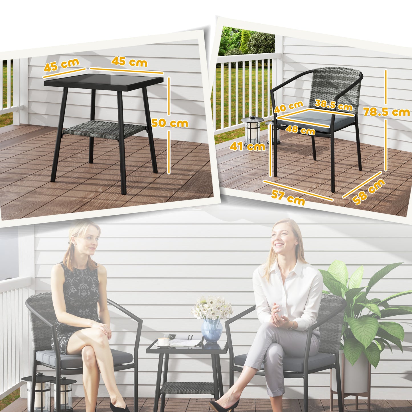 3 Pieces Rattan Bistro Set with Cushions