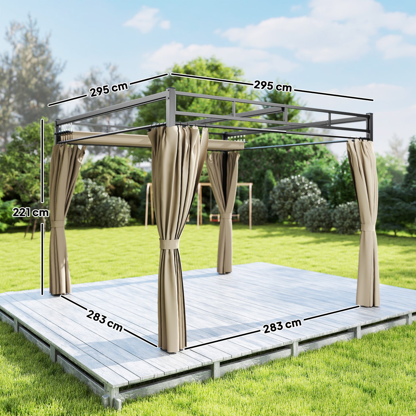 3 x 3 m Pergola with Retractable Roof Canopy and Curtains