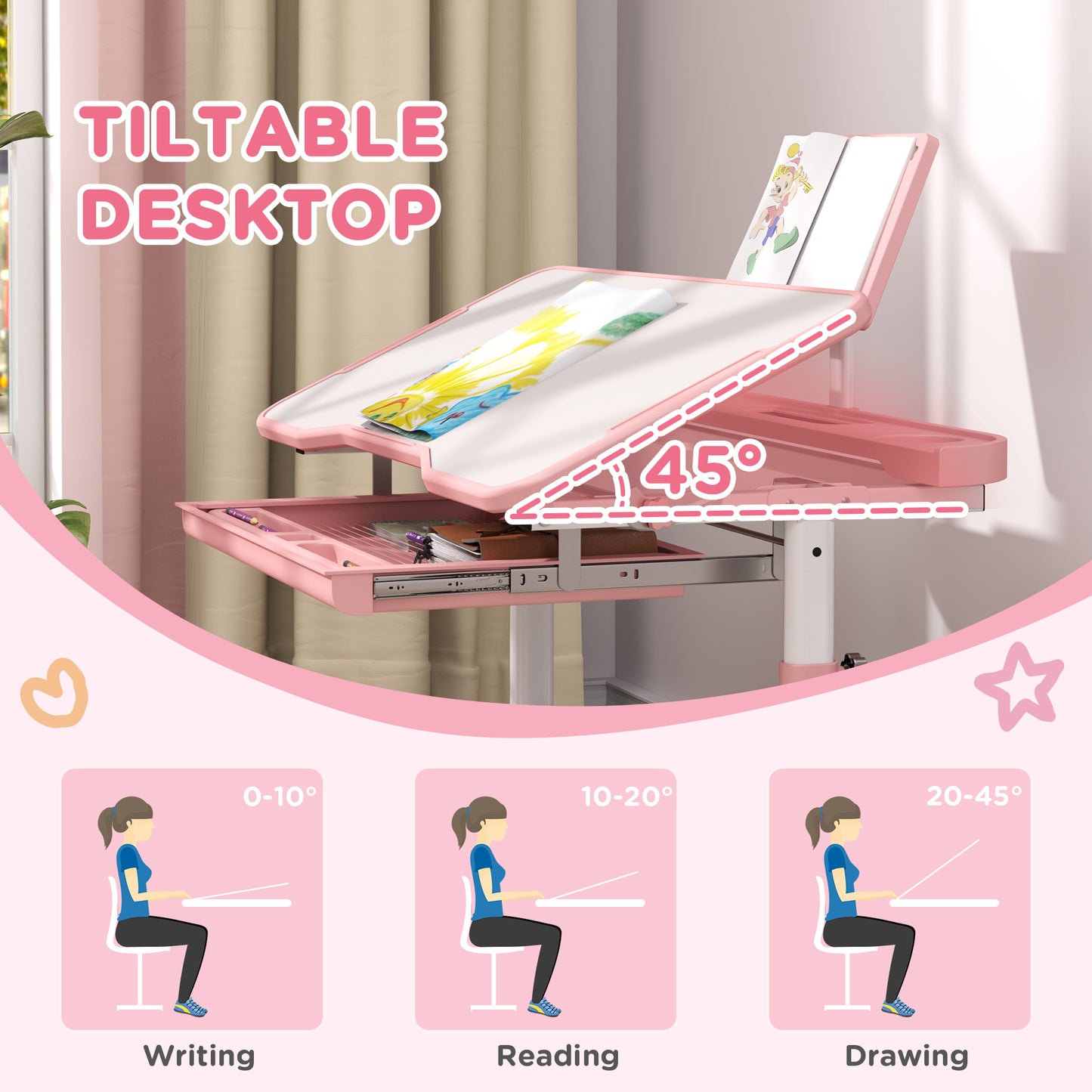 Height Adjustable Kids Desk and Chair Set, School Study Writing