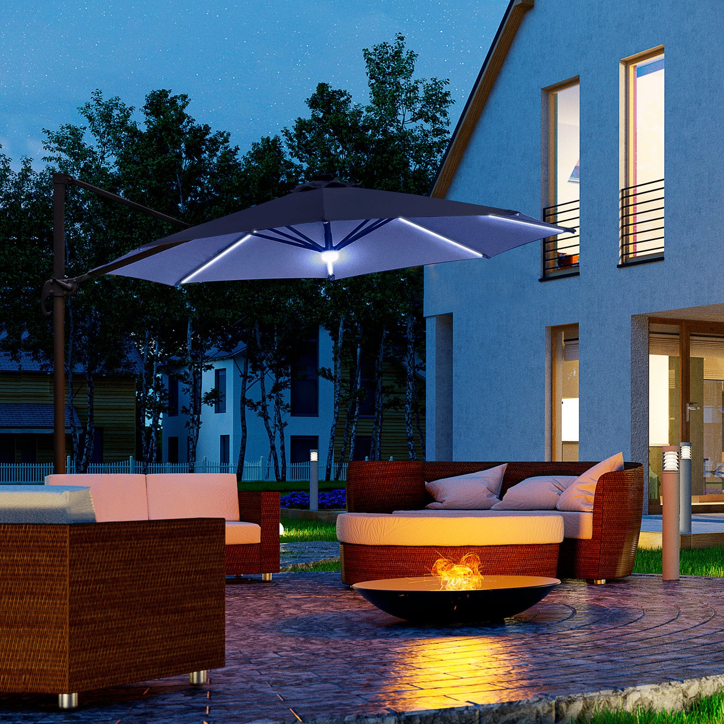 3(m) LED Cantilever Parasol Outdoor Sun Umbrella w/ Base Solar Lights