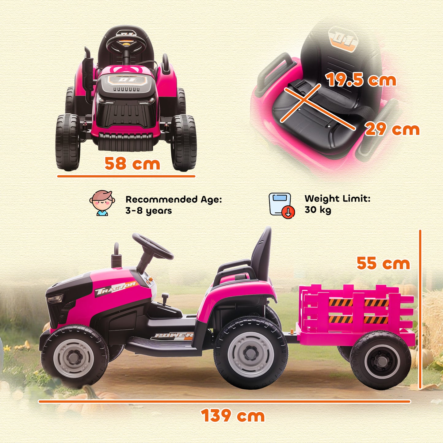 12V Ride on Tractor and Trailer with Remote Control, Music, Shifter