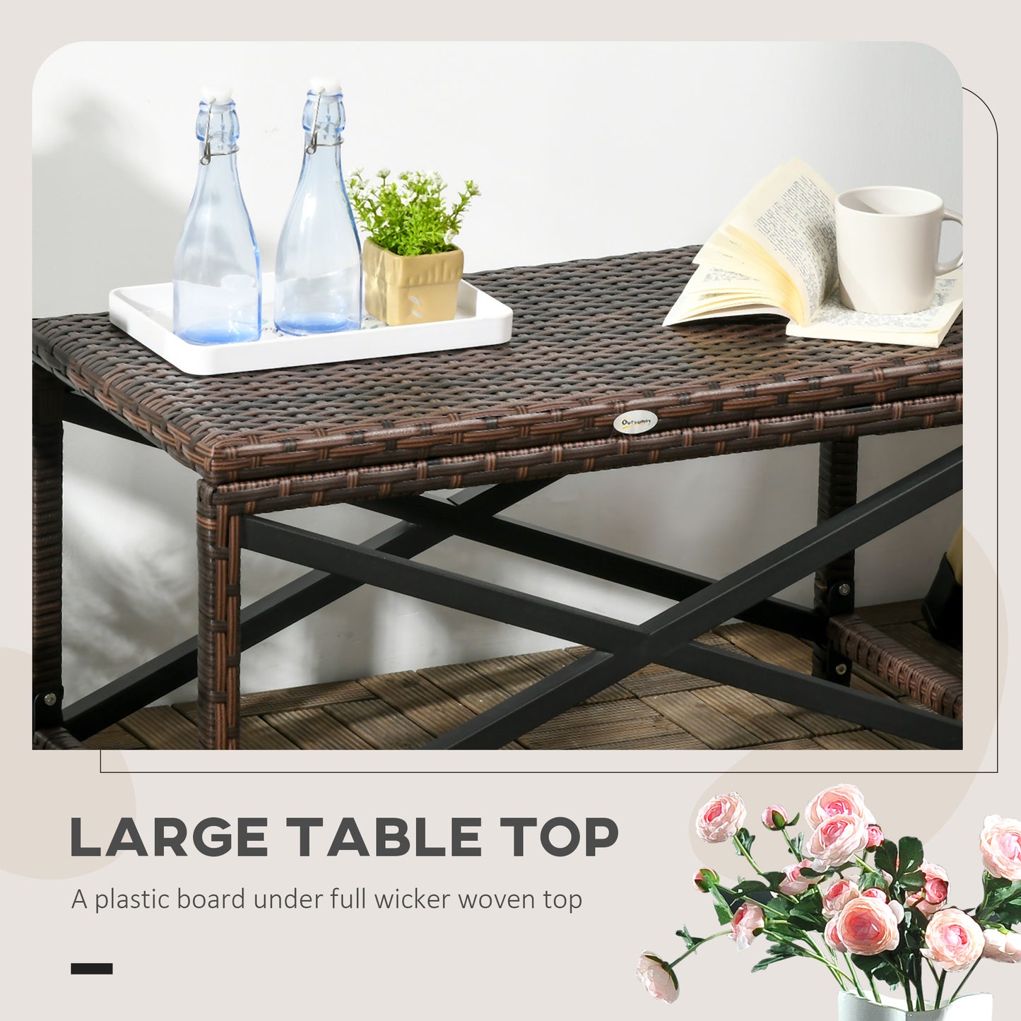 PE Rattan Garden Side Table, Outdoor Coffee Table with X-Shape Frame