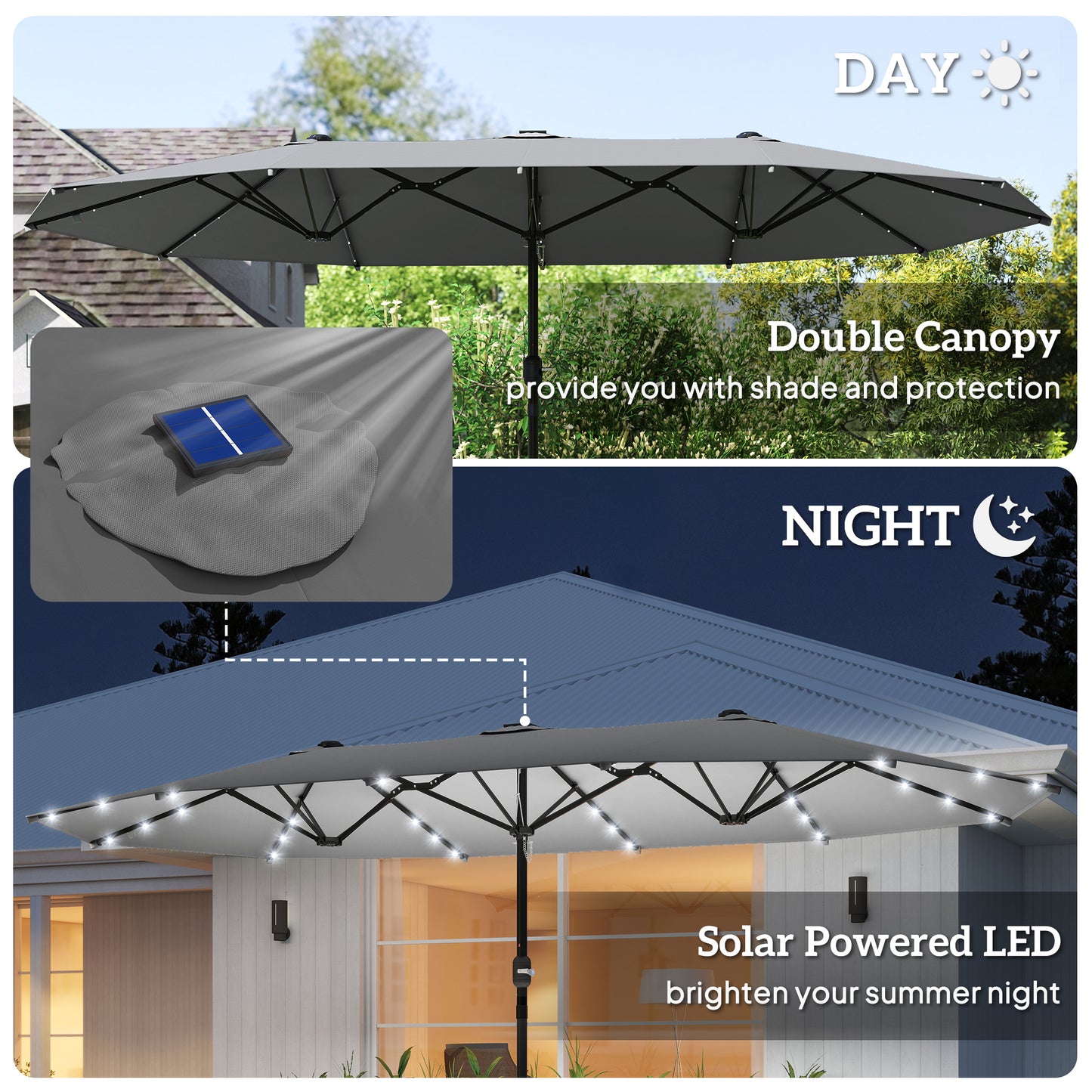 4.4m Double-Sided Sun Umbrella Patio Parasol LED Solar Lights