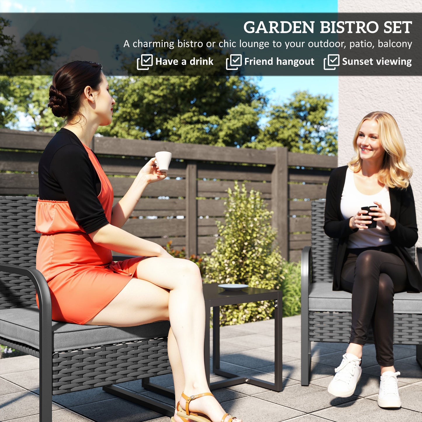Rattan Bistro Set, 3 Piece Garden Furniture Set with Cushions
