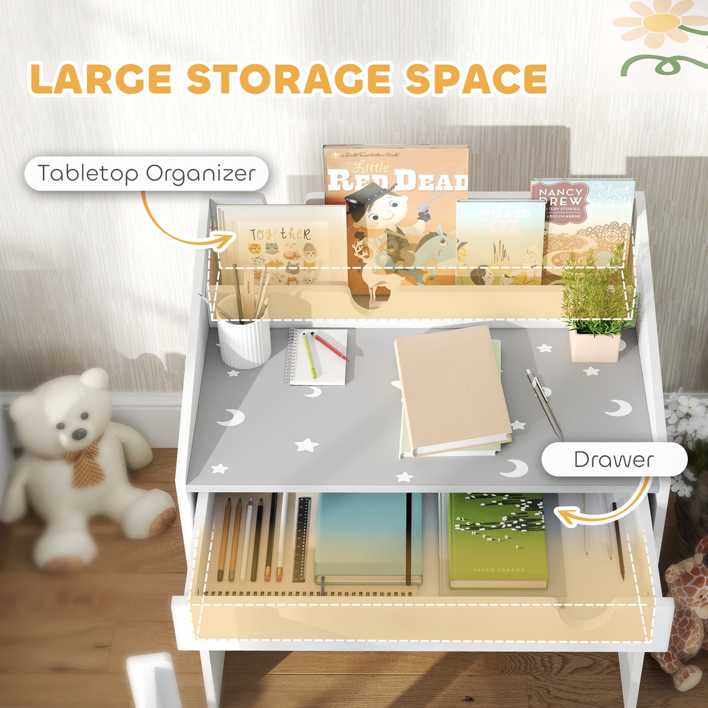 Children Study Table and Chair, Kids Desk and Chair Set with Storage
