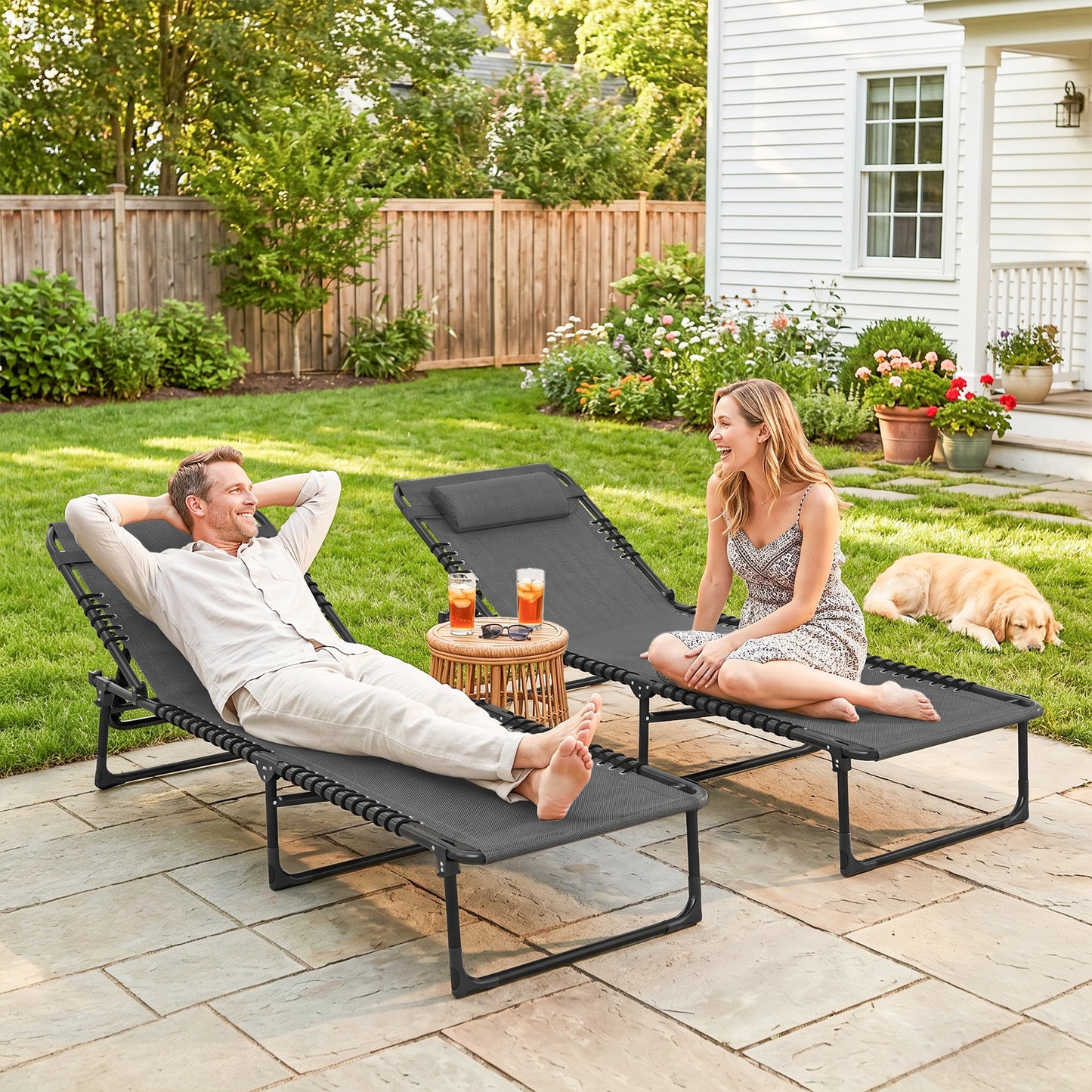 Set of Two Folding Sun Loungers, with Four-Position Backs