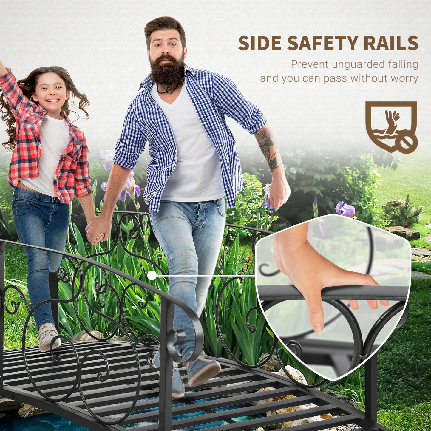 184cm Metal Arch Garden Garden Bridge, Safety Siderails