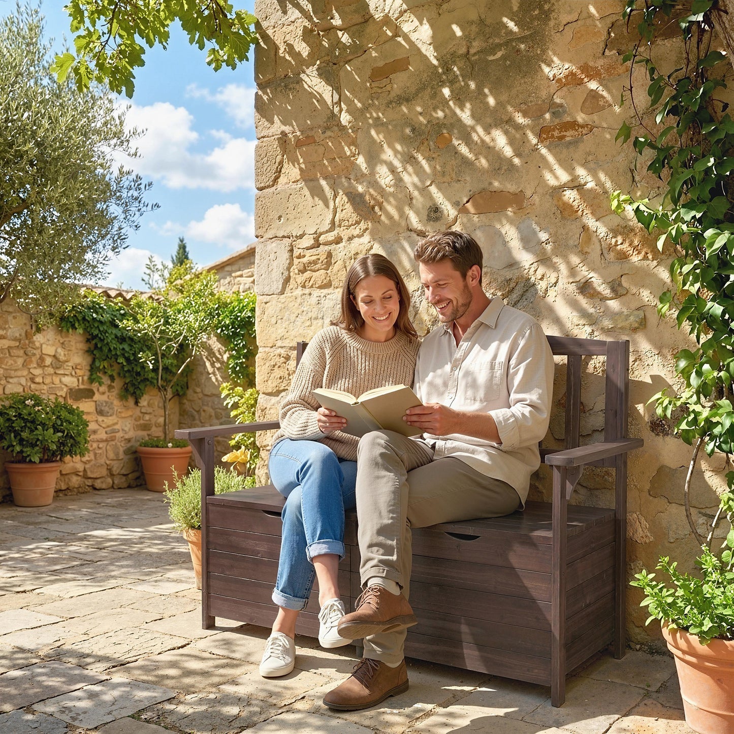 Outdoor 2 Seater Garden Bench, Wooden Bench with Storage, Backrest