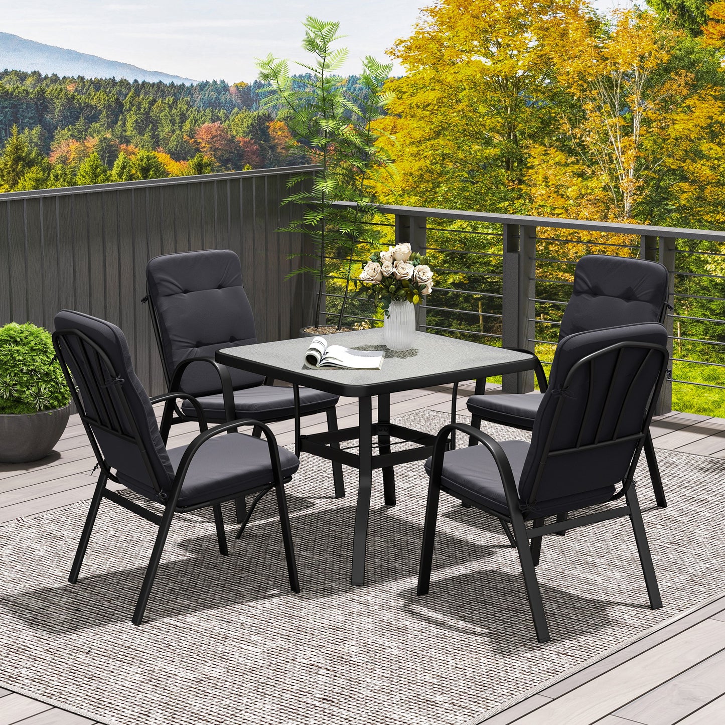 5 Pieces Outdoor Square Garden Dining Set w/ Tempered Glass Dining