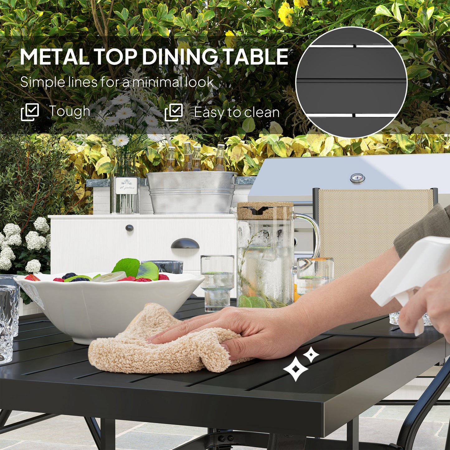 Seven-Piece Steel Outdoor Dining Set, with Parasol Hole