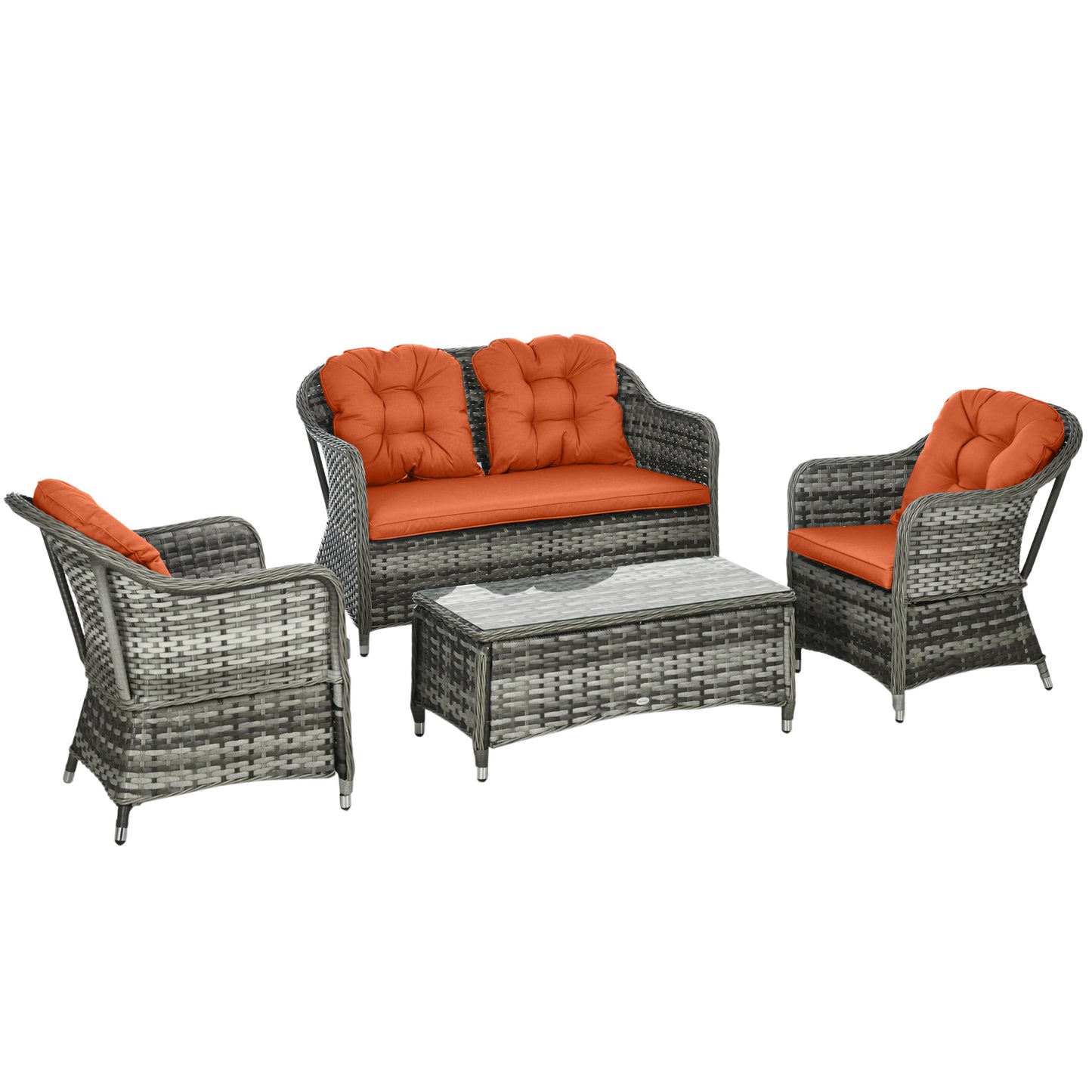Four-Piece Rattan Sofa Set, with Glass-Top Table