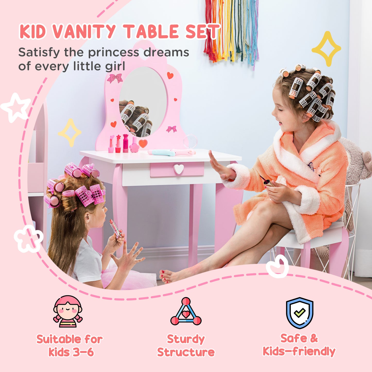 3PCs Kids Bedroom Furniture Set with Bed, Dressing Table and Stool