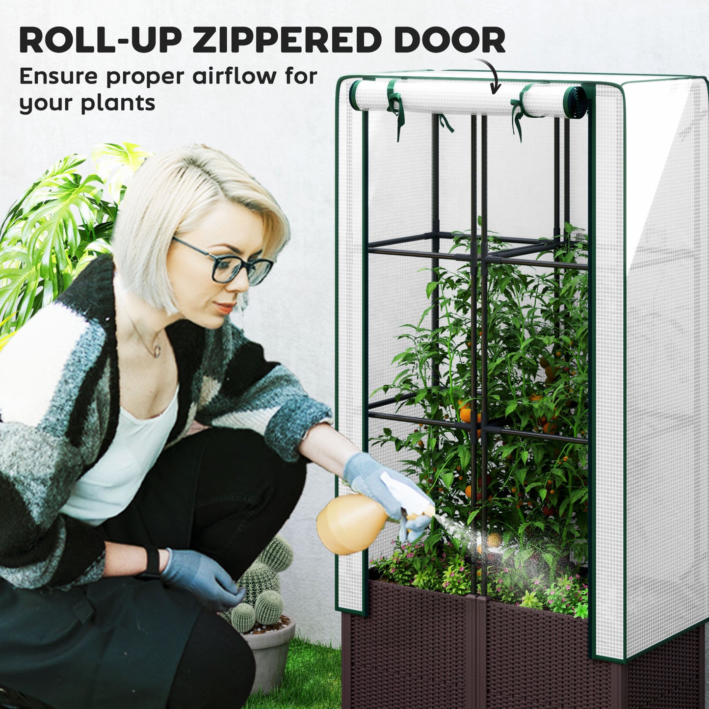 Raised Garden Bed with Trellis, Plastic Planter Box with PE Cover