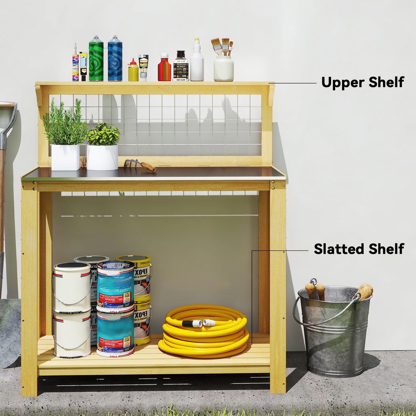 Wooden Potting Bench Table with Aluminium Worktop (1)