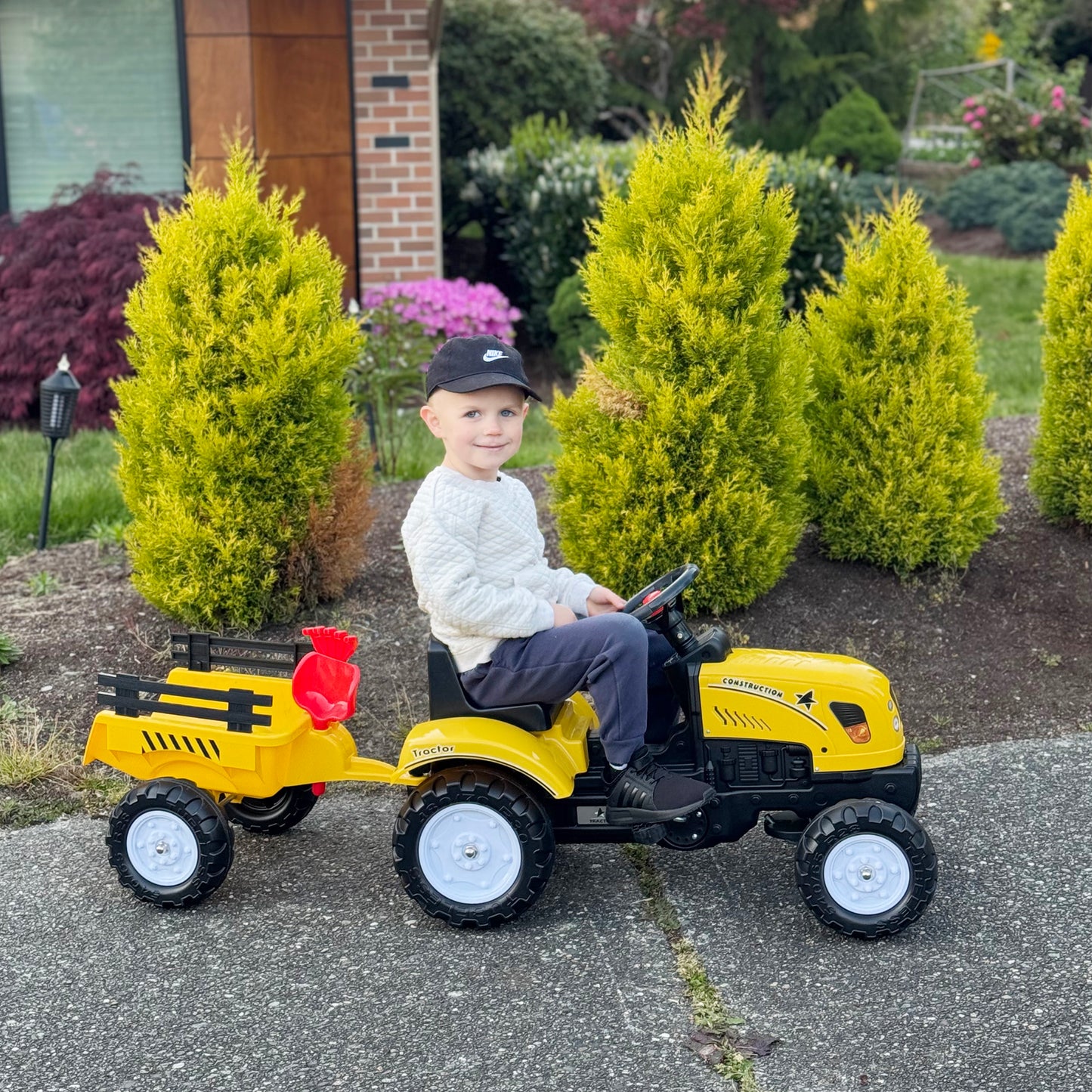 Kids Ride on Tractor with Back Trailer, Shovel & Rake, Horn