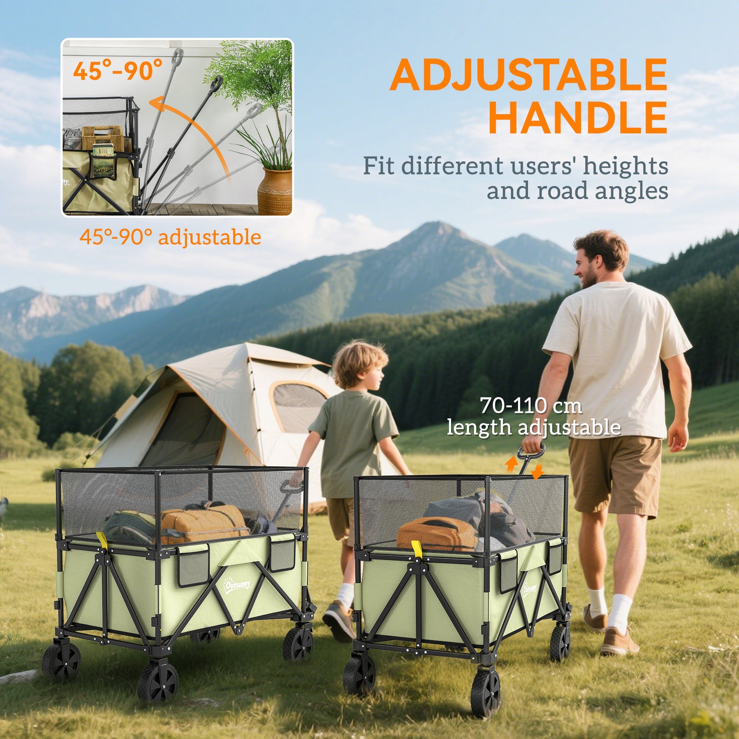 Folding Garden Trolley, 180L Wagon Cart with Extendable Side Walls