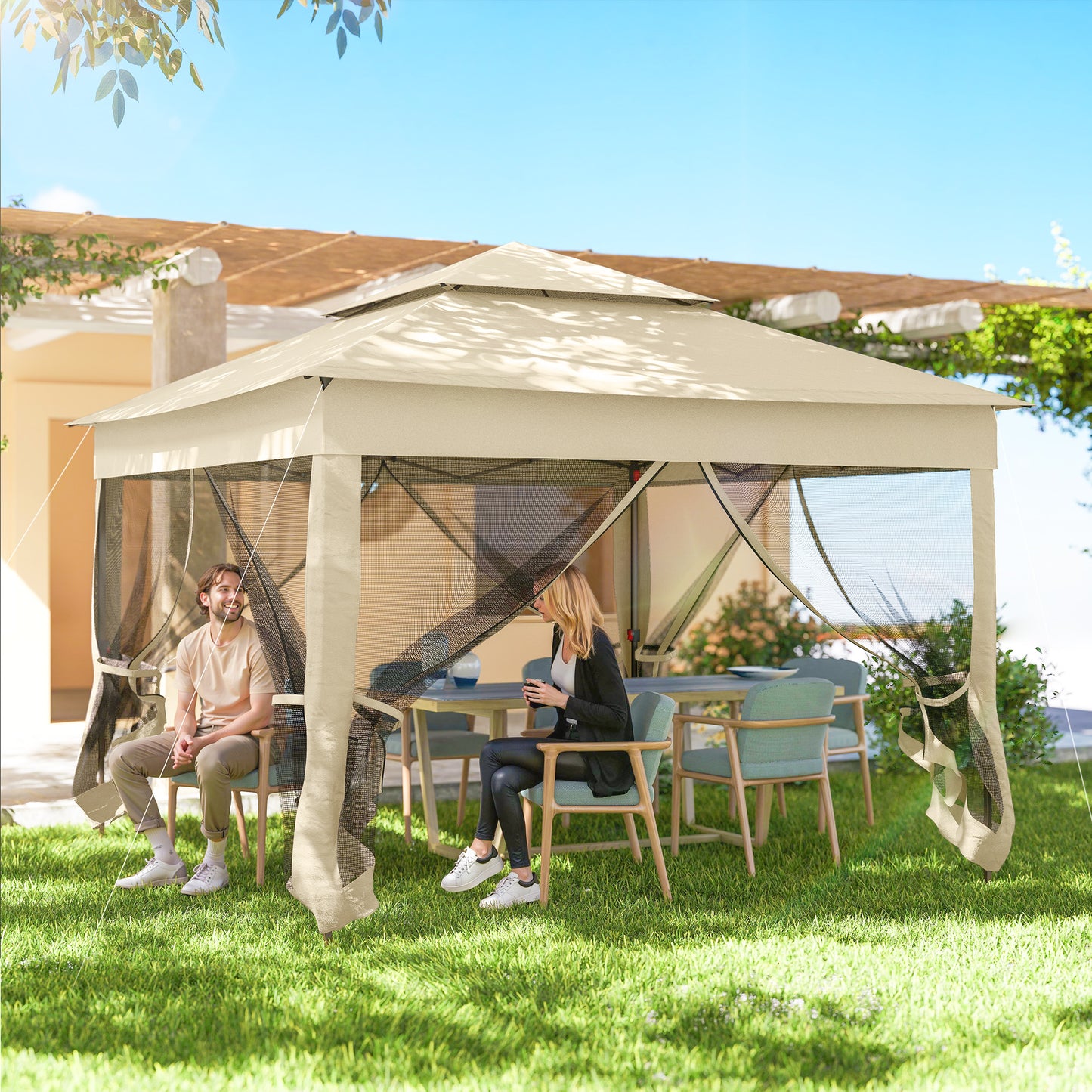 3 x 3(m) Pop Up Gazebo, Double-roof Garden Tent with Netting