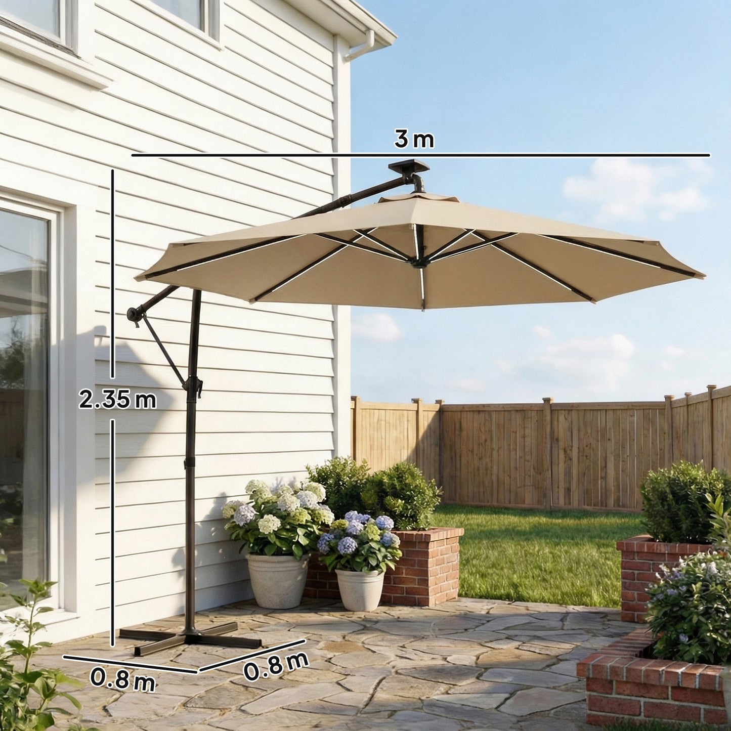 3 m Garden Cantilever Parasol with LED Solar Light