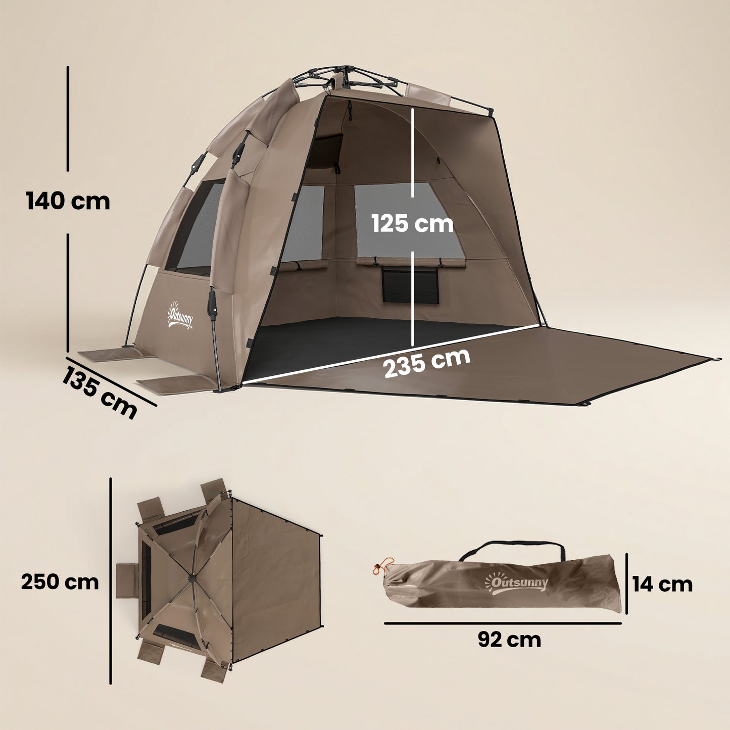 2-3 Person Pop Up Beach Tent, UPF15+ Sun Shelter with Extended Floor