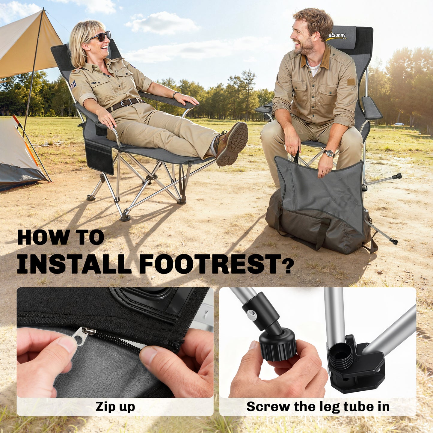 Set of 2 Reclining Folding Camping Chair w/ Detachable Footrest (2)