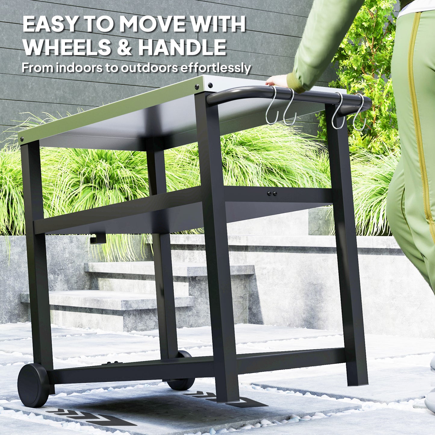 Outdoor Grill Dining Cart 3-Shelf Movable Pizza Oven Table Stand