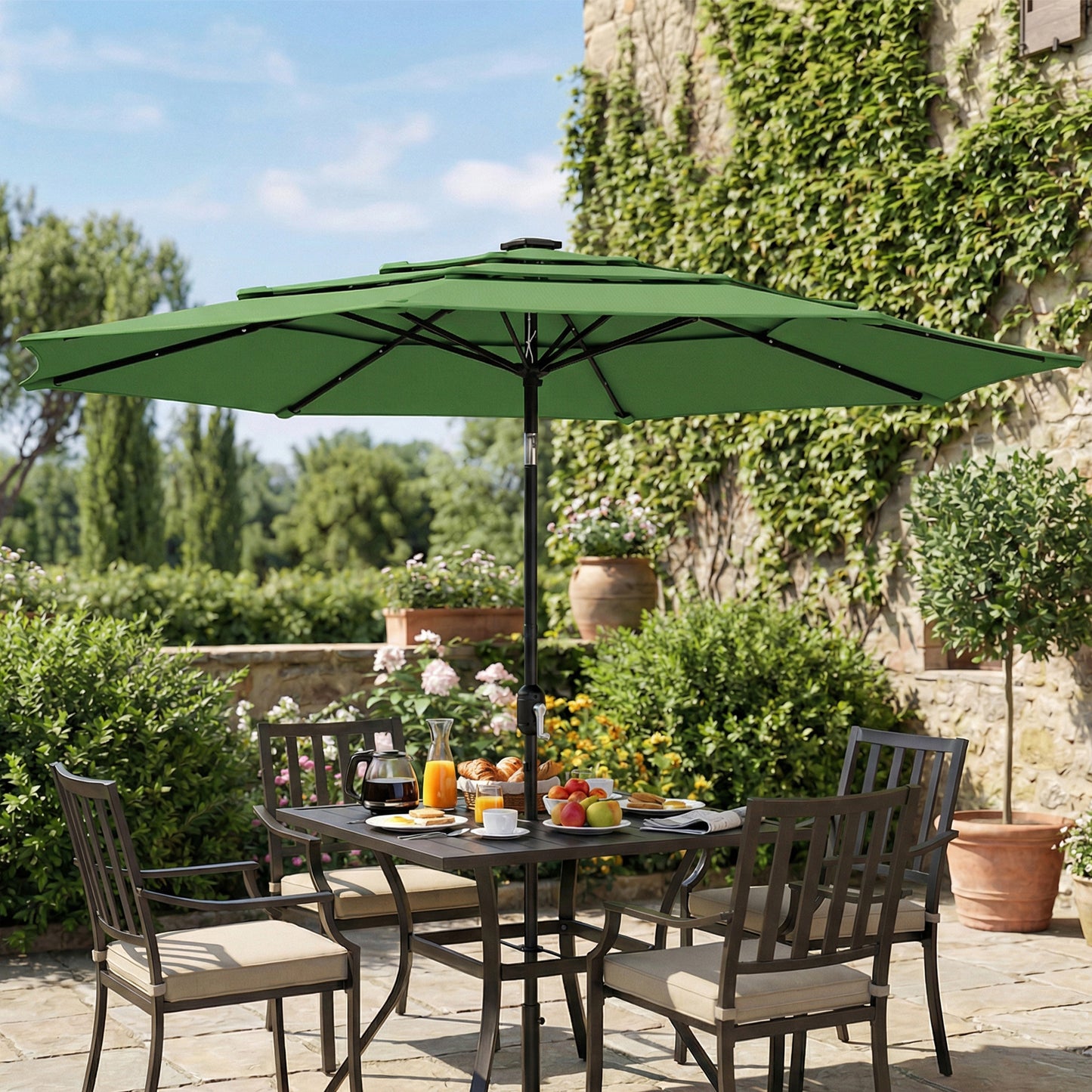Garden Parasol, Parasol Umbrella with 3-tier Roof, Crank Handle