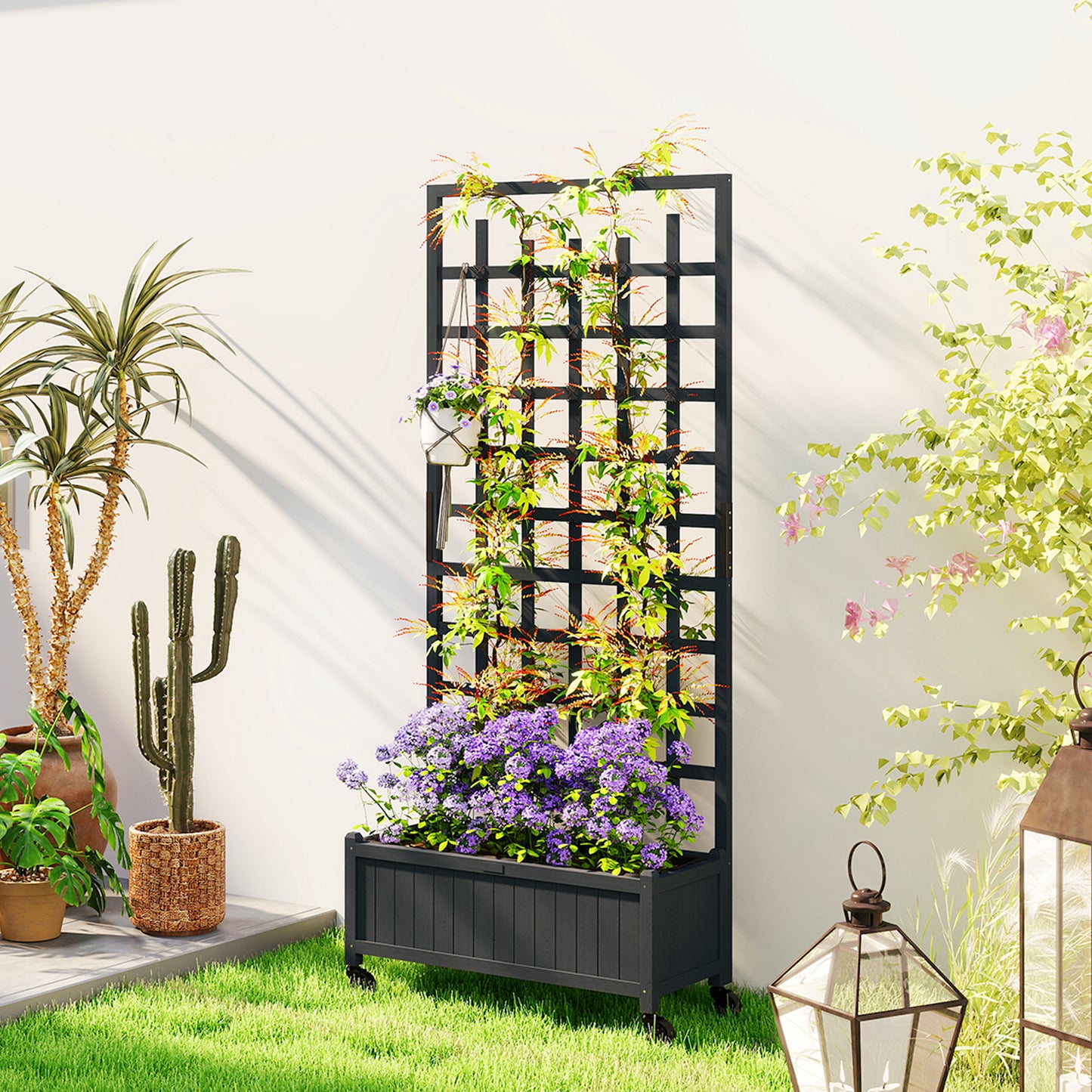 Wooden Trellis Planter, Raised Garden Bed with Wheels