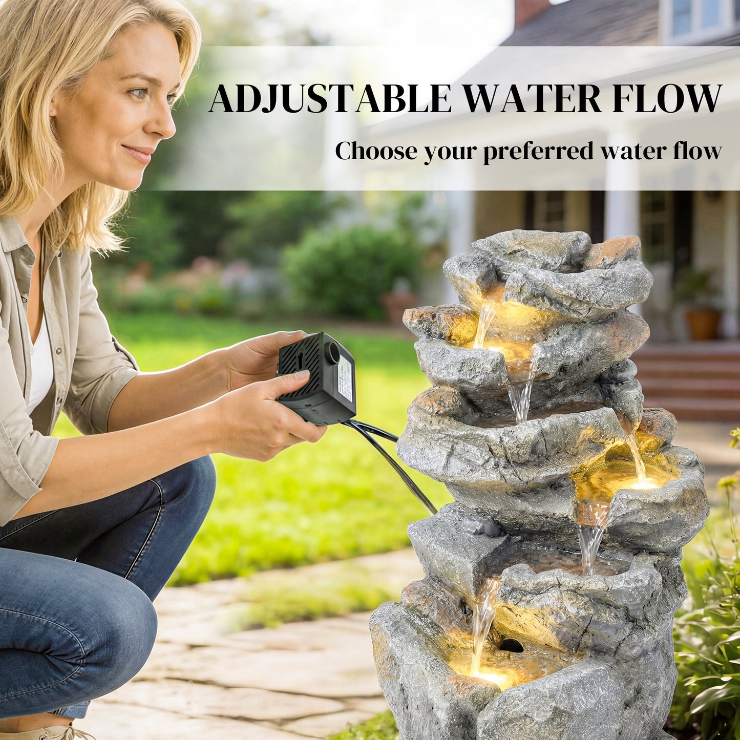 Outdoor Water Fountain with 6-Tier Rock Style