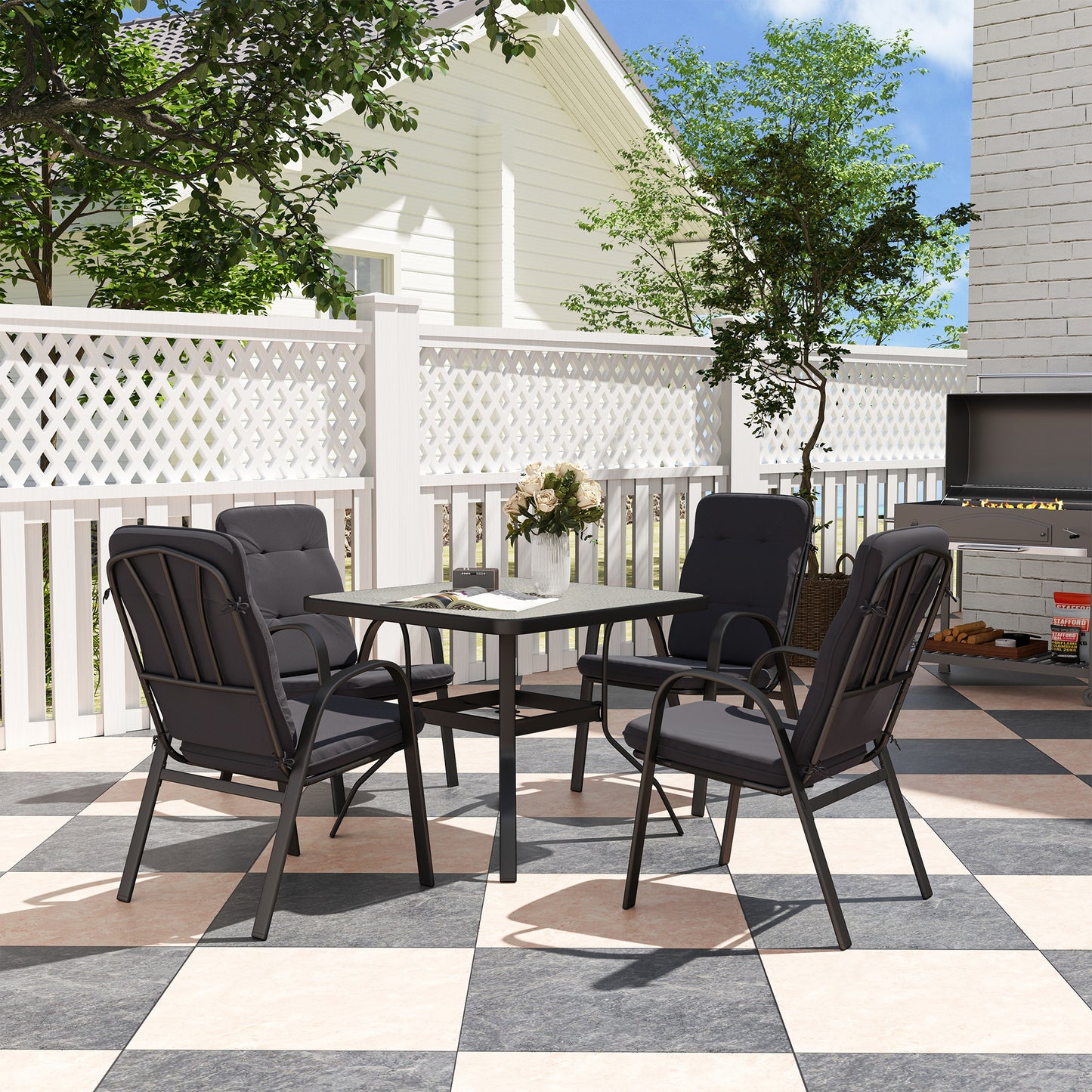 5 Pieces Outdoor Square Garden Dining Set w/ Tempered Glass Dining